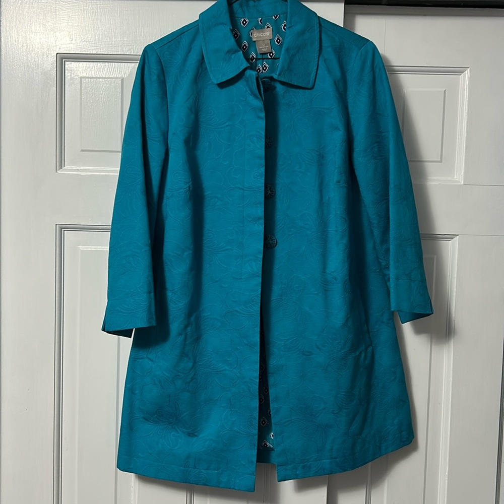 Like New, Chico turquoise Swing coat, fully lined, deep pockets, size 0.